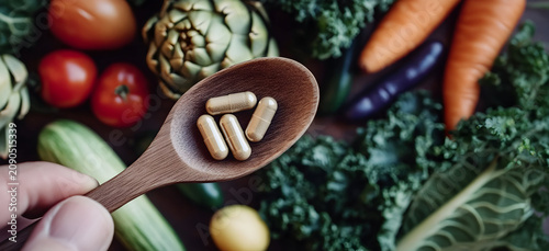 Hand holding a wooden spoon with vitamin capsules over a blurred background of fresh healthy vegetables
