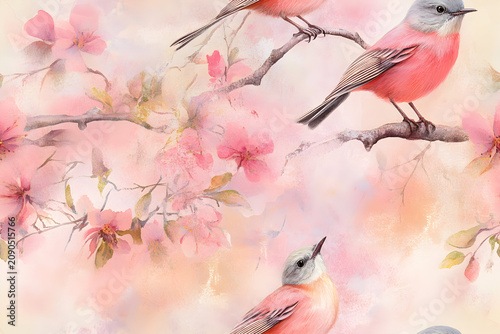 Watercolor seamless pattern of pink birds perched on blooming cherry blossom branches on a pastel background
