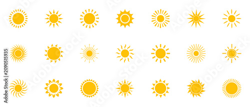 Collection of various yellow sun symbols on white background