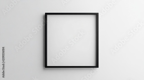 Empty black frame on white wall, mockup for art, photo, design.