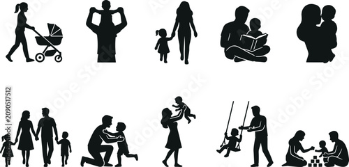 Obraz na plátně Diverse family silhouettes a collection of black vector illustrations depicting