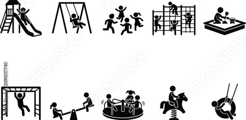 Playground pictograms a collection of black silhouette icons depicting children's recreational activities and equipment