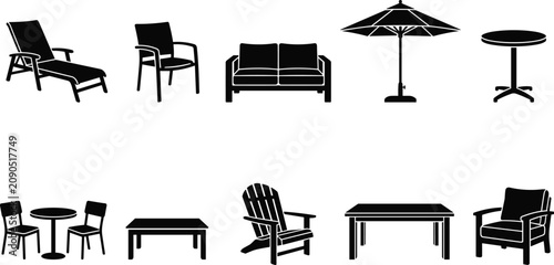 Black silhouette collection of outdoor furniture including chairs tables loveseats and parasols
