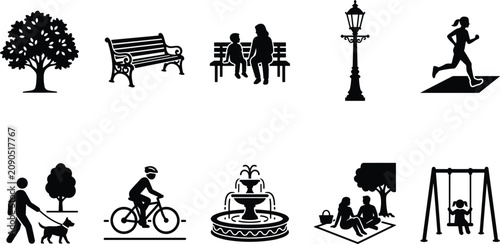 Black and white park icons a collection of leisurely activities and common park elements