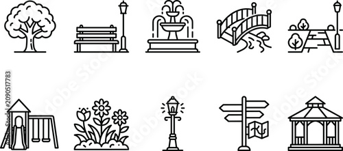 Black and white line art icons depicting various park and outdoor elements for design purposes