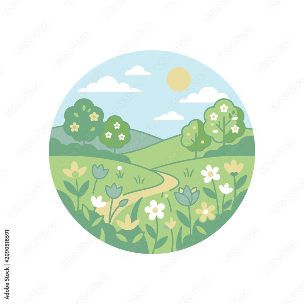 Obraz premium Rolling green hills and meadows in circular landscape frame.