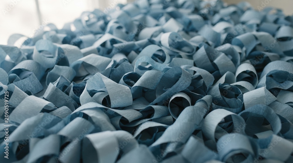 Obraz premium Abstract blue paper streamers background, curled paper ribbons texture for festive party decoration, creative craft material for celebration and gift wrapping design