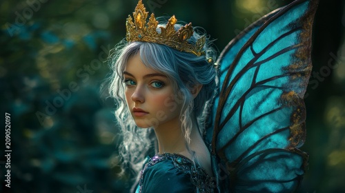 Fairytale queen with cyan wings, golden crown, in forest.