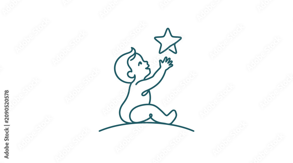 Fototapeta premium Minimalist line art illustration of a cute baby reaching for a star.