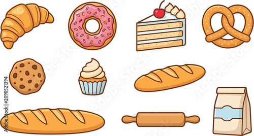 Obraz na płótnie Delicious bakery and pastry products vector set featuring cartoon croissant donu