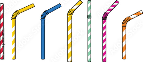 Slika na platnu Colorful drinking straws vector set featuring striped plastic bendy straws flexi