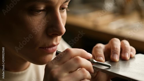 A Skilled Female Jeweler Carefully Engraving a Metal Plate with a Manual Tool in a Workshop