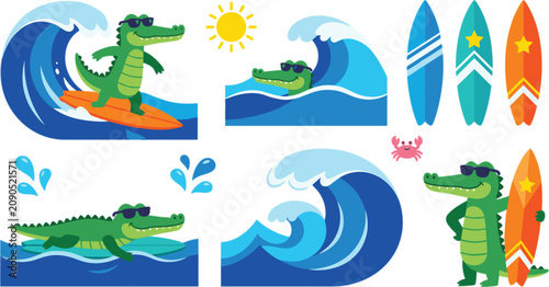 Sticker Cute cartoon crocodile surfing vector set featuring alligator characters with su