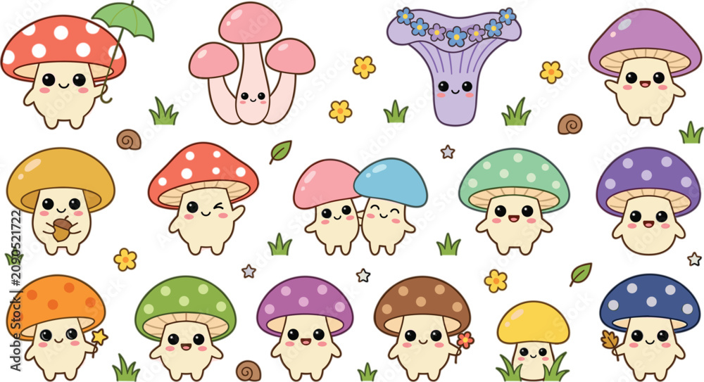 Fototapeta premium Cute cartoon mushroom characters vector set featuring colorful pastel fungi forest elements snails flowers and autumn leaves illustration