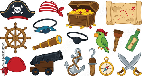 Foto Cute pirate adventure vector icon set featuring treasure chest map skull hat par