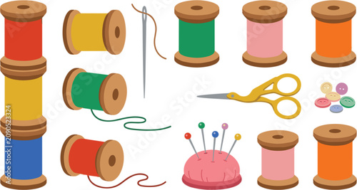 Quadro em tela Colorful sewing and tailoring vector set featuring wooden thread spools needles