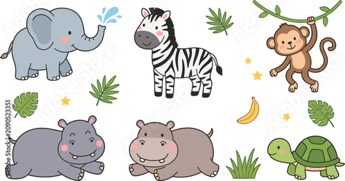 Photography Cute safari jungle animals vector set featuring cartoon elephant zebra monkey hi