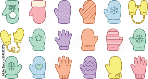 Foto Cute winter mittens and gloves vector set with colorful pastel designs snowflake
