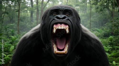 Aggressive Silverback Gorilla Roaring in Dense Tropical Rainforest