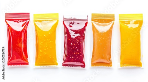 Five colorful sauces in individual pouches on white background.
