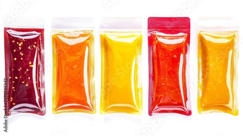 Five individual pouches of various sauces, red, orange, and yellow, arranged in a row on a white background.