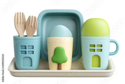 A playful, child-themed plastic dinnerware set, safe and fun for a family with young kids in a city isolated on transparent background, Clipart png