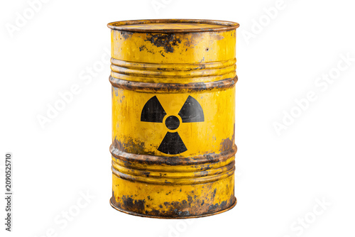 Rusty yellow metal barrel with a radioactive symbol, used for hazardous waste storage isolated on transparent background, Clipart png