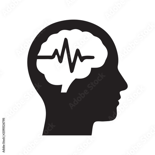 Fotografie Brain Wave and Head Profile Icon - Mental Health and Neurology Vector Symbol