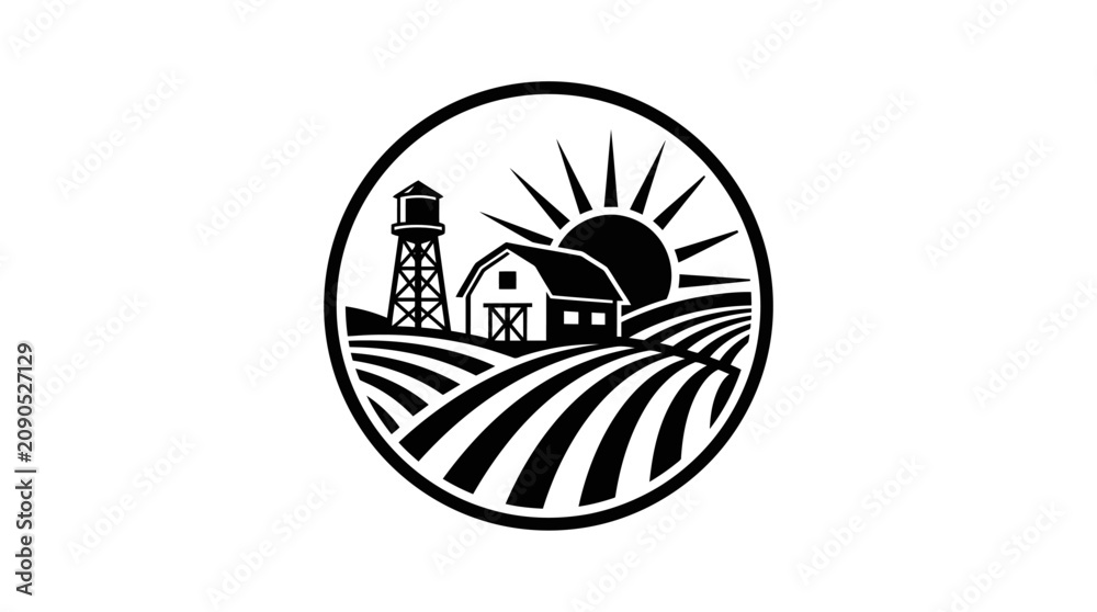 Naklejka premium Black and white farm emblem with barn field and sun.