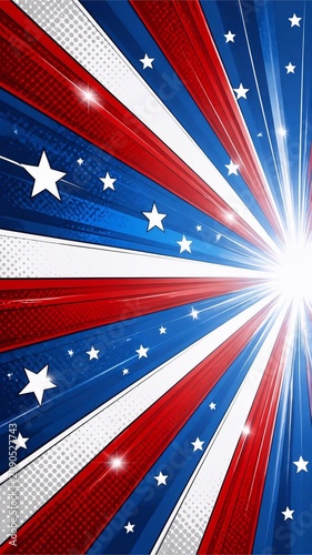 It features an abstract, patriotic U.S.-themed background with a dynamic sunburst effect centered at the bottom right. The rays consist of bold red, white, and dark blue lines radiating outward in all