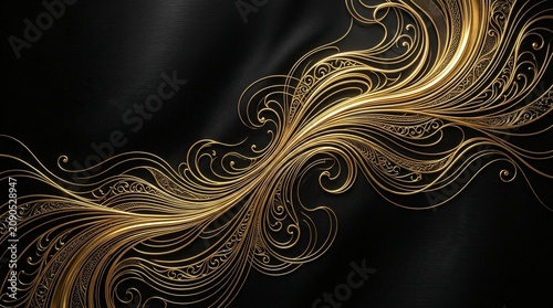 Elegant gold swirling patterns, ornate designs, black background, luxury textures