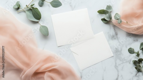 Flat lay of blank cards, envelope, eucalyptus sprigs, and peach fabric on marble.