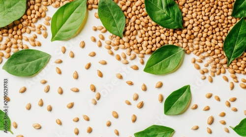 Flat lay of seeds and green leaves on white background.
