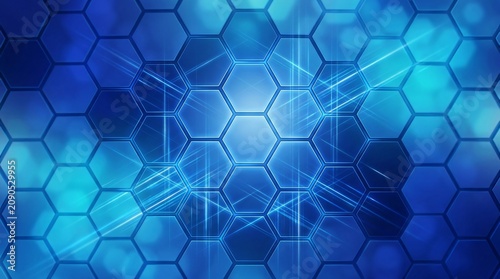 Blue honeycomb background, glowing hexagonal pattern, futuristic tech design, abstract network texture