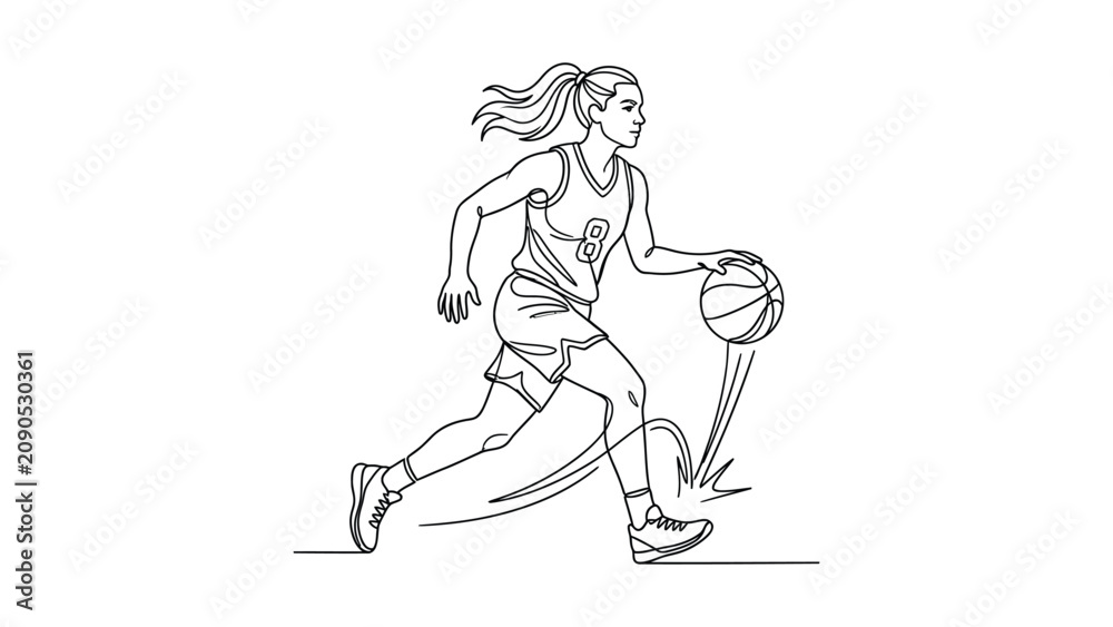 Obraz premium Continuous line drawing of a female basketball player dribbling the ball.