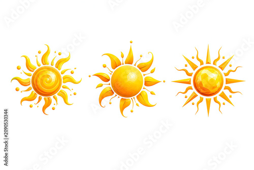 Set of three stylized sun icons with different radiant designs. Conceptual illustrations for summer, hot weather, sunny days, and meteorological forecasts.