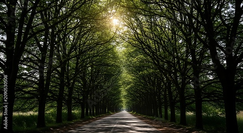 Sunlit Tree Lined Road Extending Through Lush Green Forest Avenue