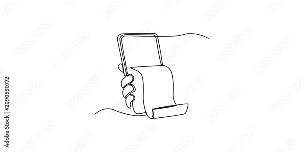 Obraz premium Continuous line drawing of a hand holding a mobile phone with a long scroll document