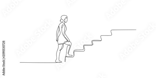 Continuous line drawing of a woman walking up a staircase representing career growth and success