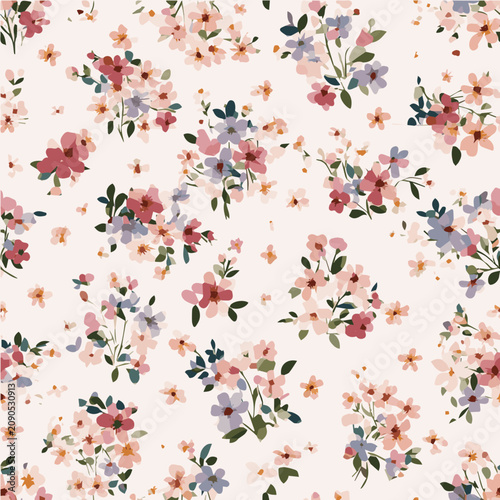 Tiny ditsy floral seamless pattern, scattered small blossoms, pastel palette