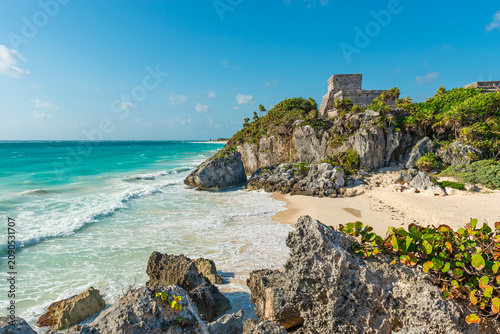 El Castillo mayan temple and beach by Caribbean Sea, Tulum, Yucatan, Mexico.