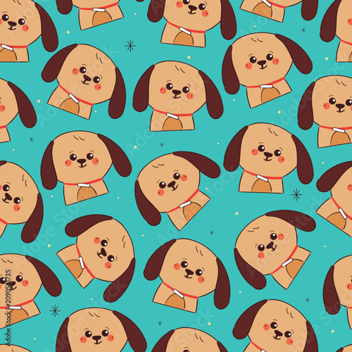 seamless pattern cute hand drawn cartoon puppy in blue background