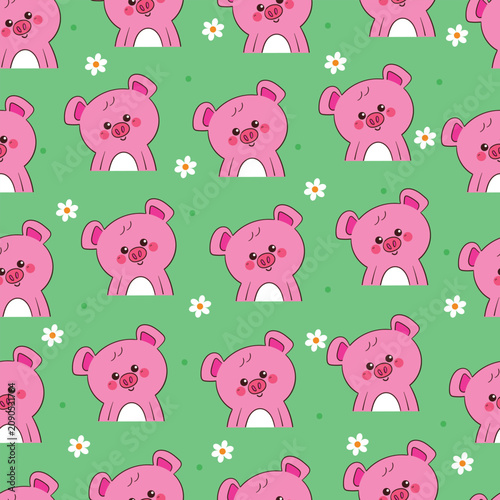 seamless pattern cute hand drawn cartoon pink pig with floral