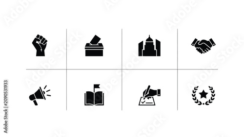 Minimalist civic symbols set featuring protest voting architecture agreement speech literature contracts with monochromatic grid eight minimalist icons representing civic themes