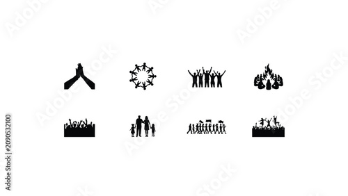 Modern minimalist silhouette icons depicting unity celebration and social gatherings with focus diverse group dynamics symbolic gestures against stark white background