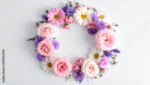 Delicate floral wreath with pink roses, daisies and lavender on white background spring