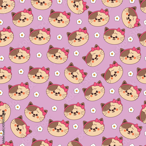 seamless pattern cute hand drawn cartoon cat with pink ribbon and flower