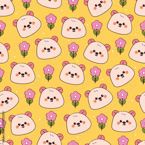 seamless pattern cute hand drawn cartoon bear head and pink floral and leaves