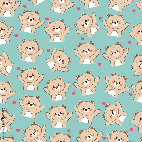 seamless pattern cute hand drawn cartoon bears and pink heart in blue background