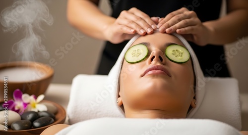 Relaxed Young Woman Receiving Facial Massage with Cucumber Slices in Spa Treatment Room